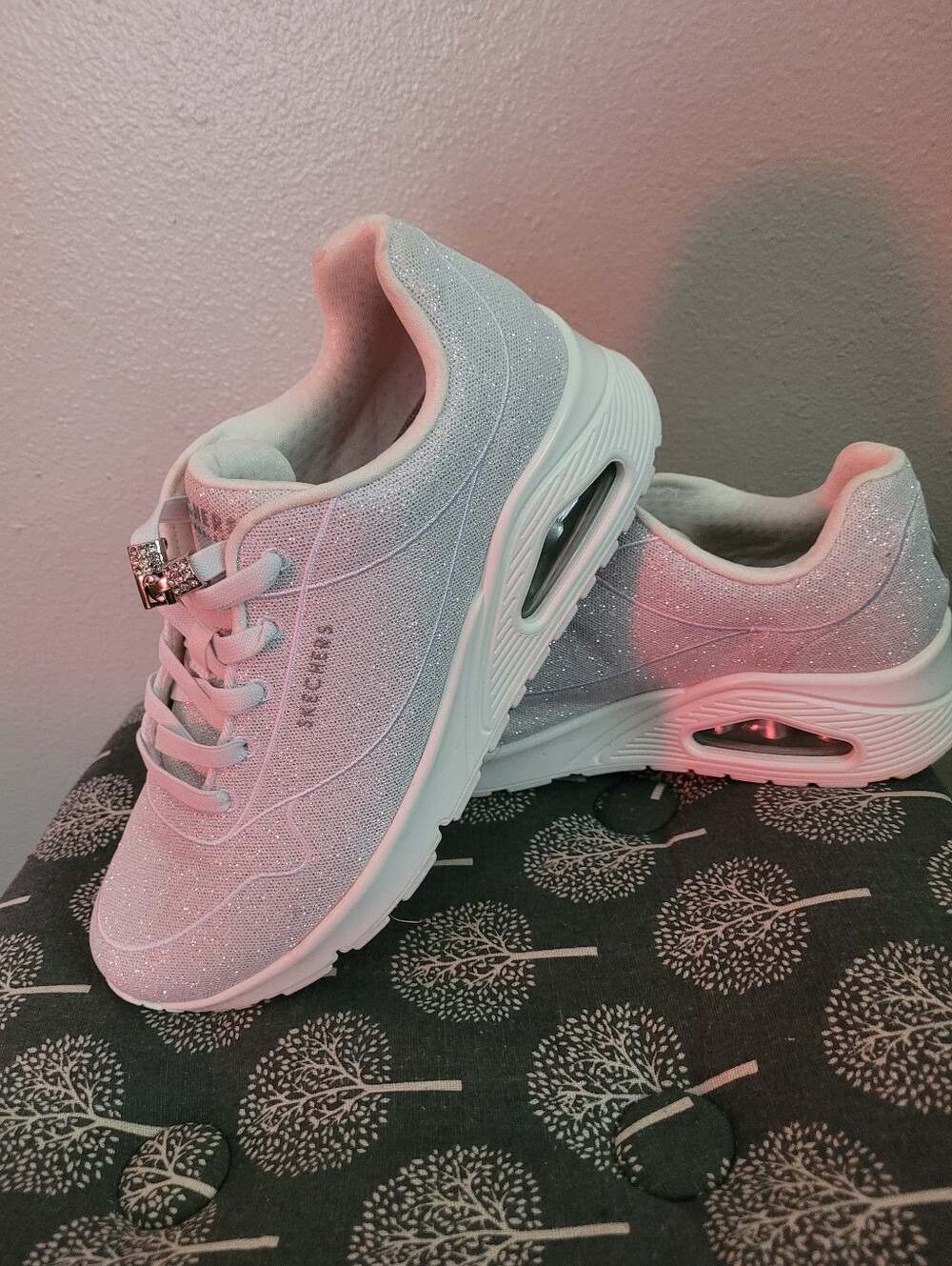Skechers Women's Glitter Lace-Up Sneakers in Silver/White